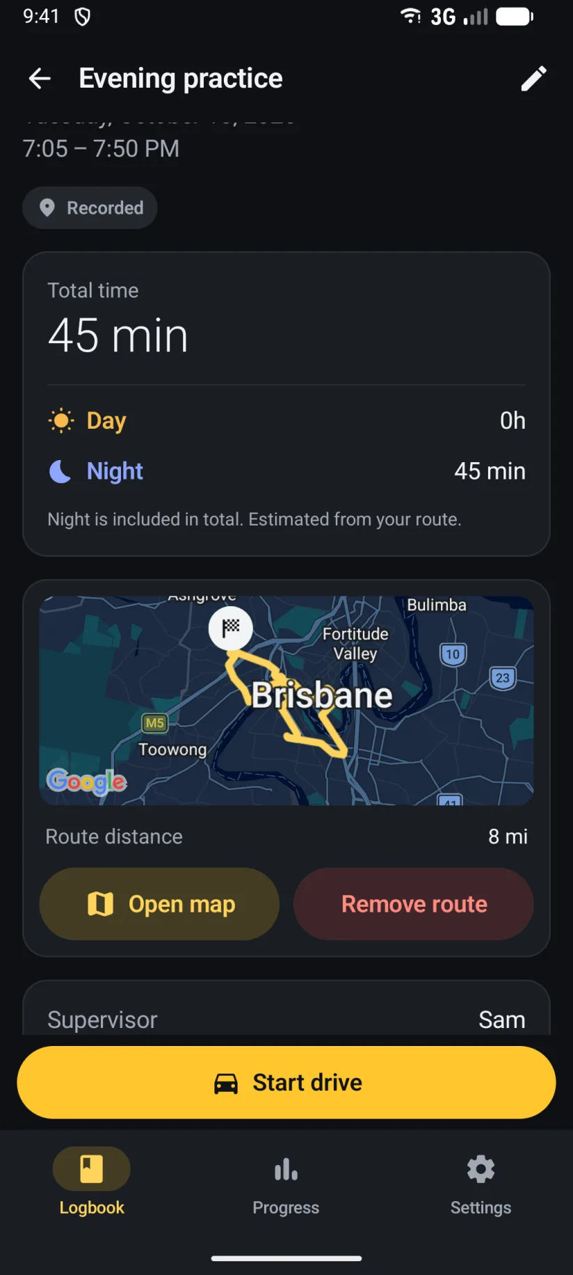 The same drive in dark mode, with the route on Google Maps