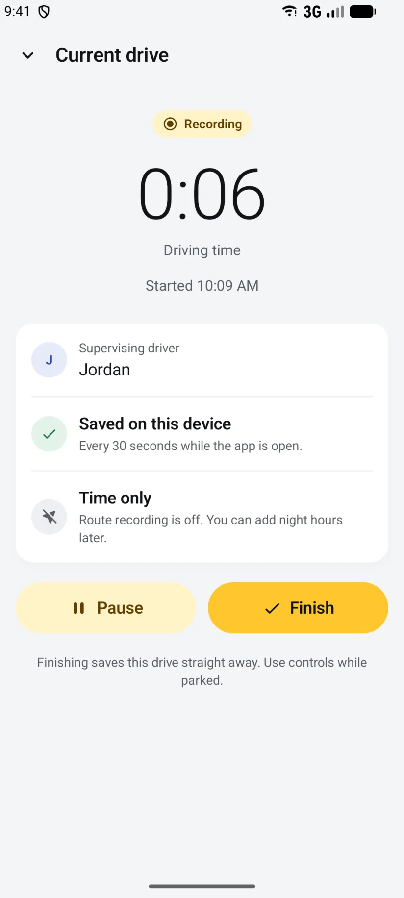 Recording a drive on Android: the timer, the supervising driver, and Saved on this device every 30 seconds