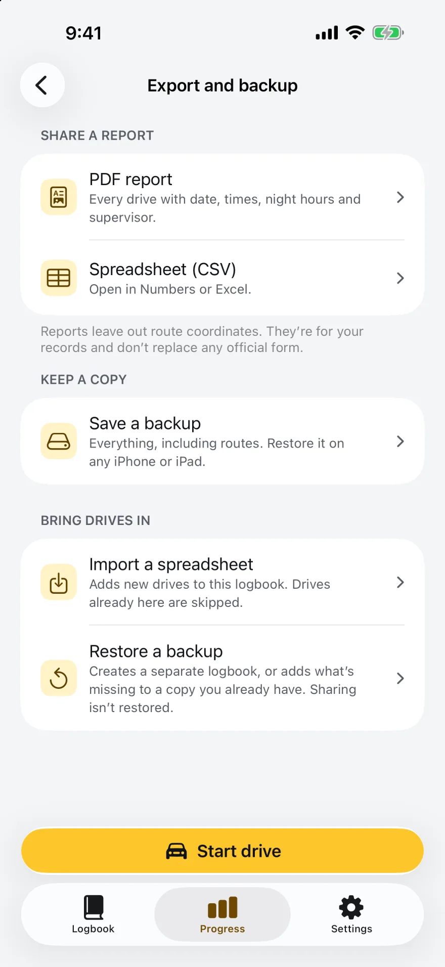 Export and backup: PDF report, spreadsheet, backup, restore and import