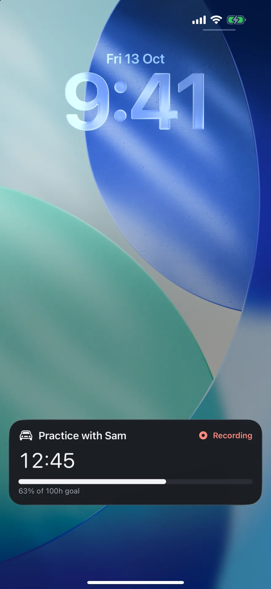 The Lock Screen Live Activity: Practice with Sam, Recording, 12:45, 63% of 100h goal