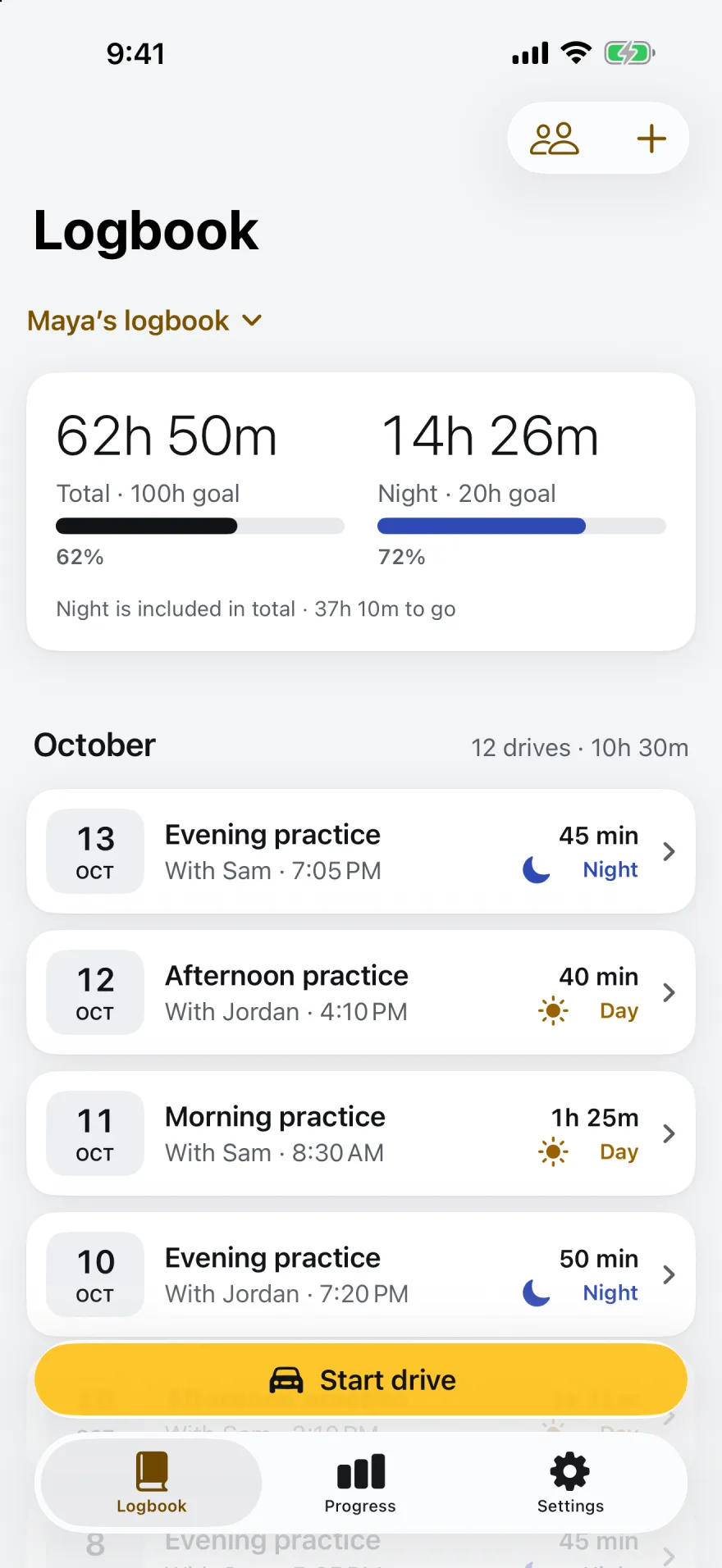 The logbook on iPhone: 62h 50m total, 14h 26m at night, and October's drives