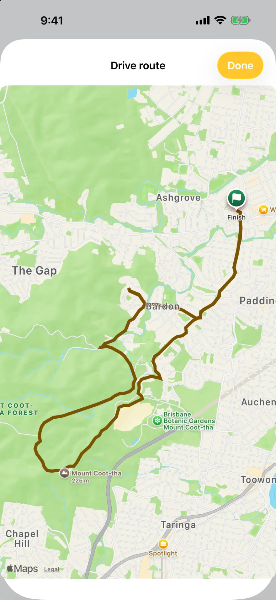 A drive route drawn on a map from Bardon to the finish flag